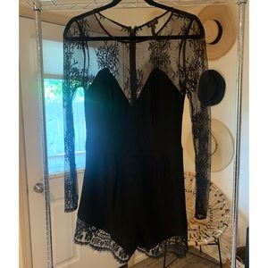 NBD black Lace Open Back Romper Medium